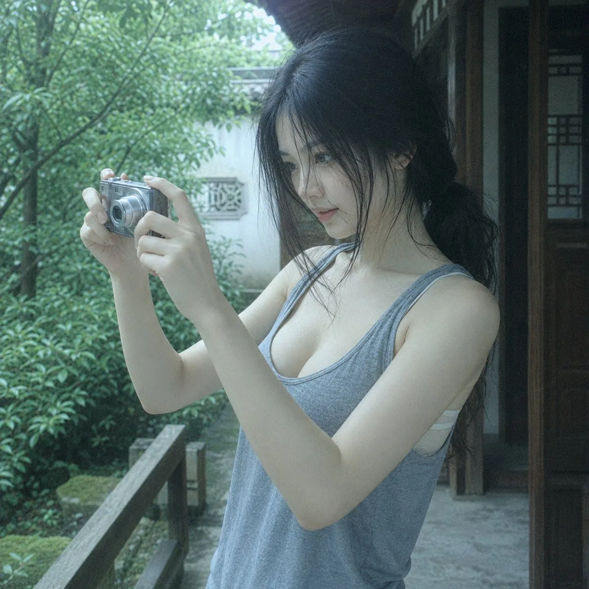 East asian woman wooden corridor old digital photography — Sonra
