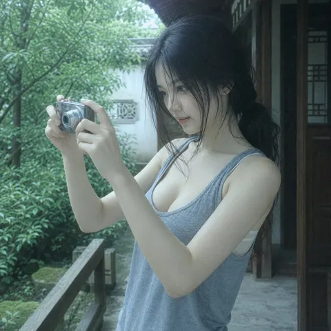 East asian woman wooden corridor old digital photography
