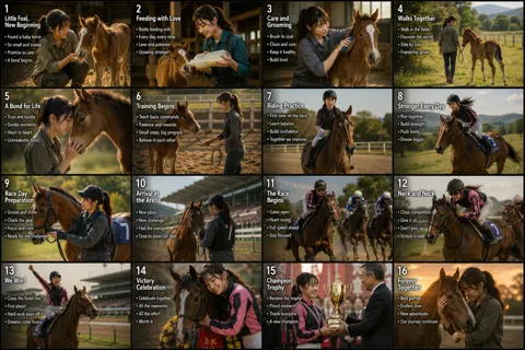 Cinematic storyboard girl raising racing horse