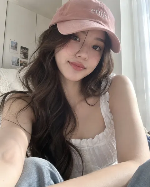 Photorealistic lifestyle portrait woman pink cap