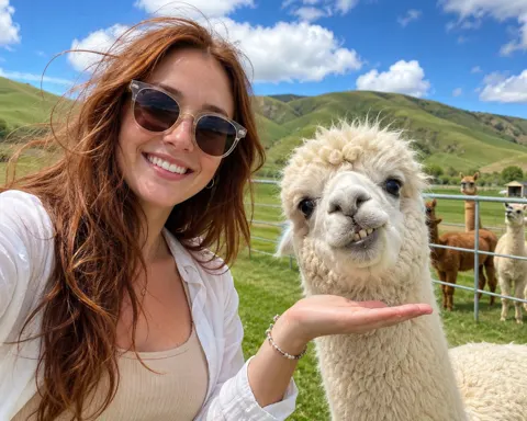 Sunny selfie woman fluffy white alpaca