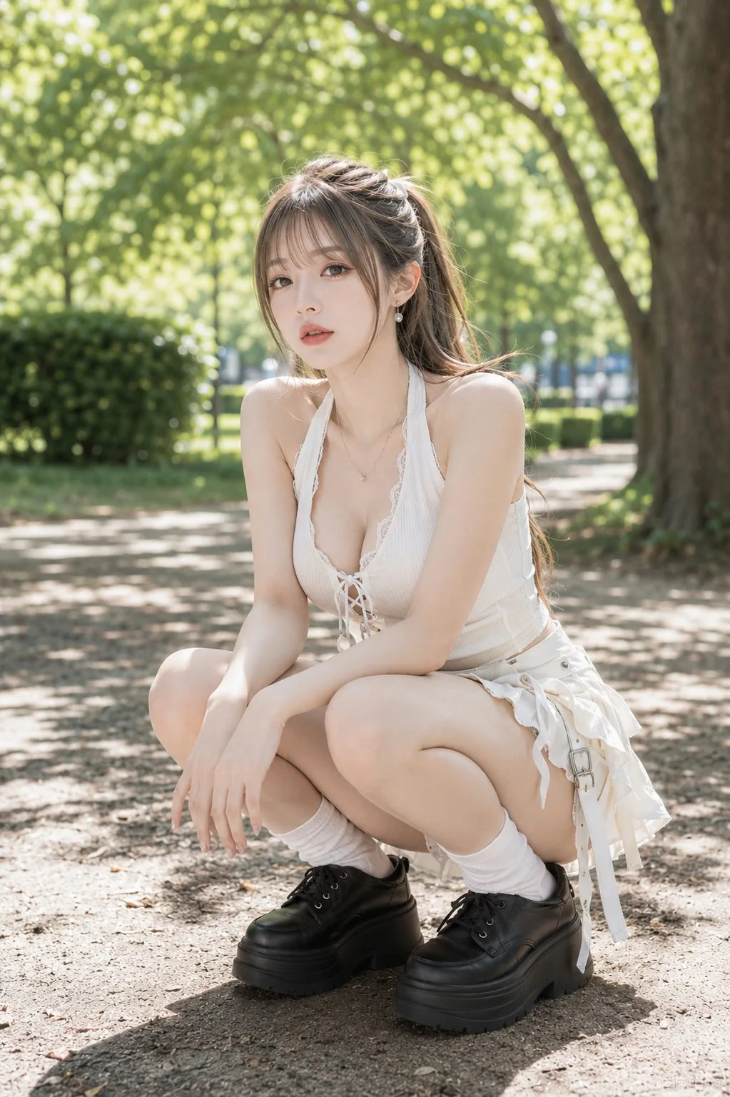 Squatting woman summer park fashion portrait — After