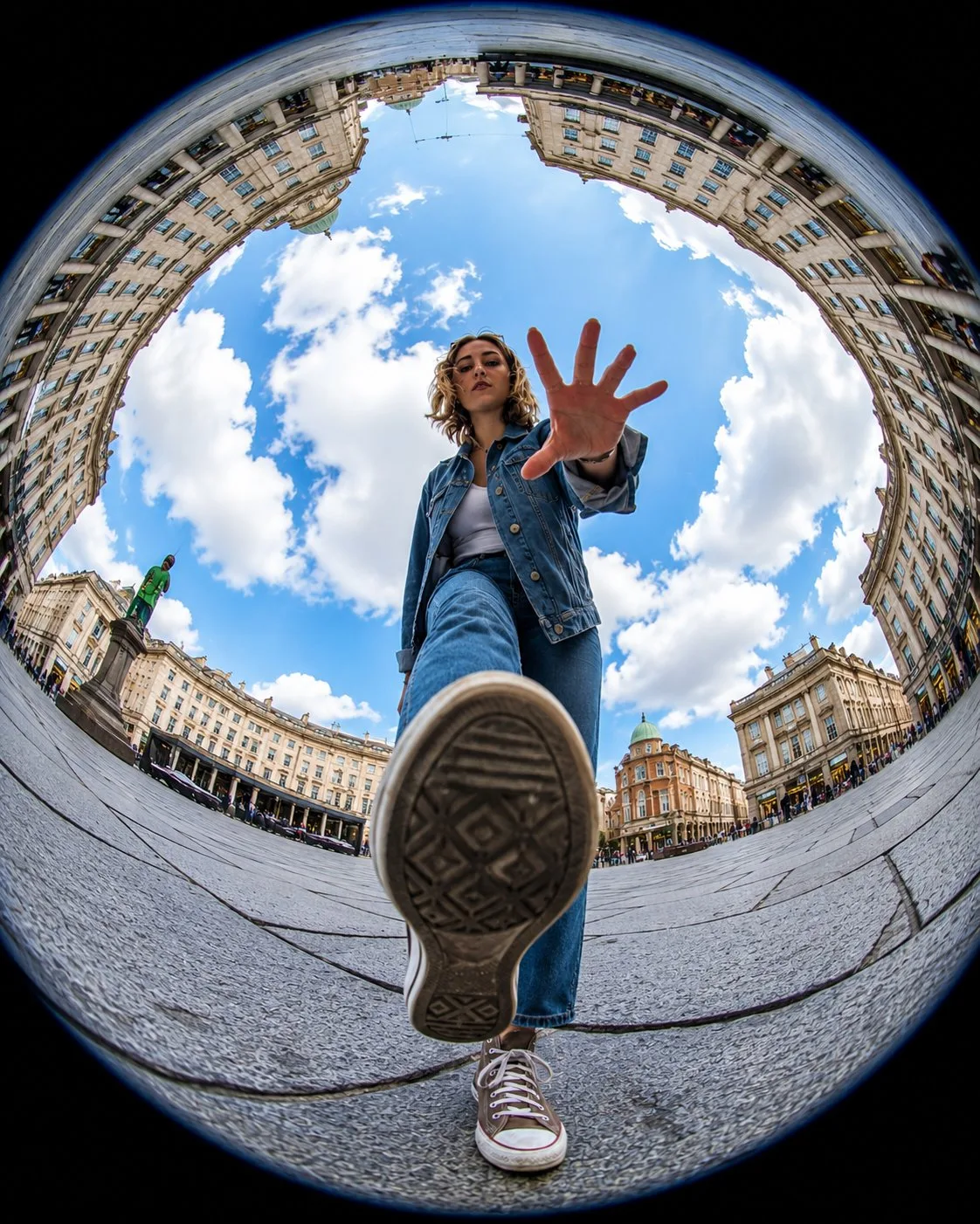 Ultra realistic fisheye lens action photography urban plaza — Sonra
