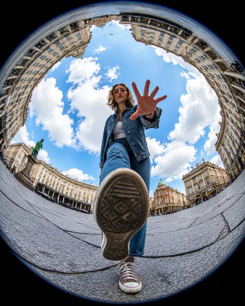 Ultra realistic fisheye lens action photography urban plaza