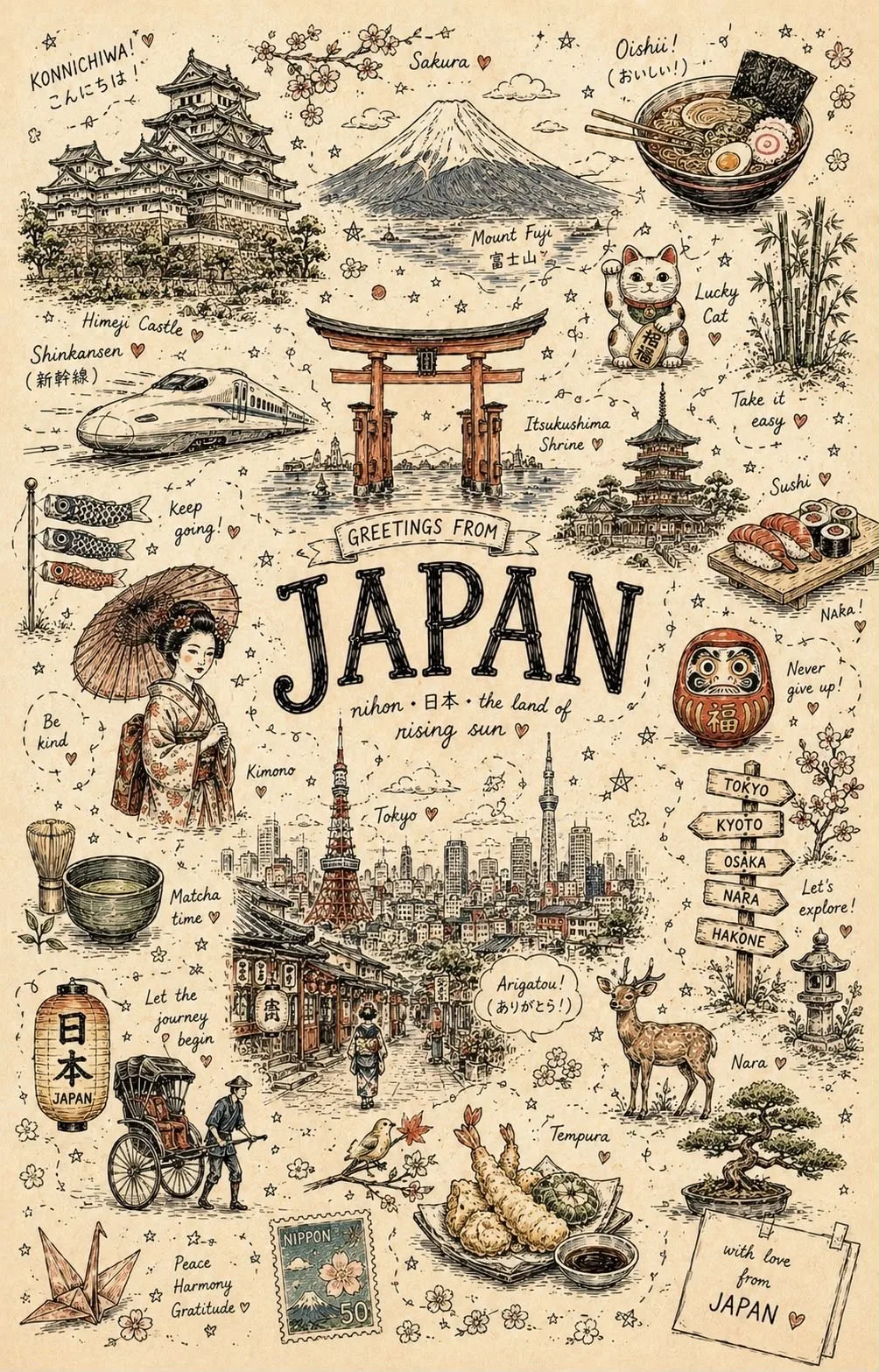 Whimsical doodle art travel poster prompt — After