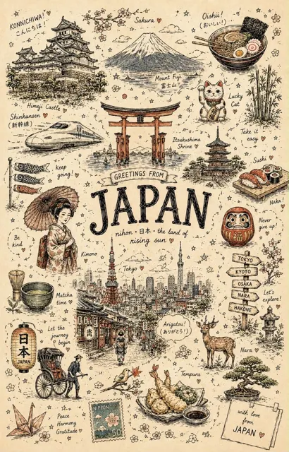Whimsical doodle art travel poster prompt