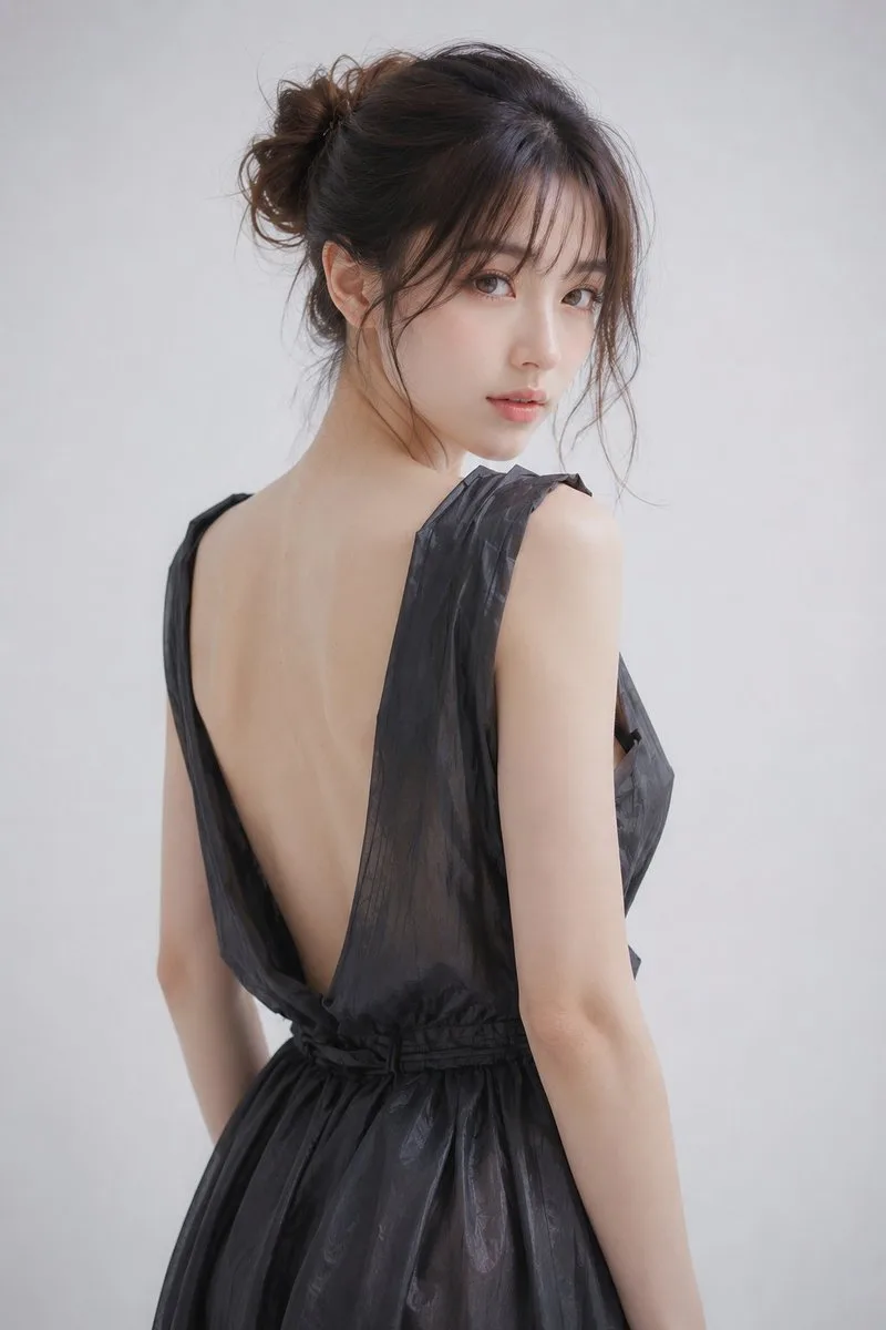 Minimalist black dress east asian woman portrait — Sonra