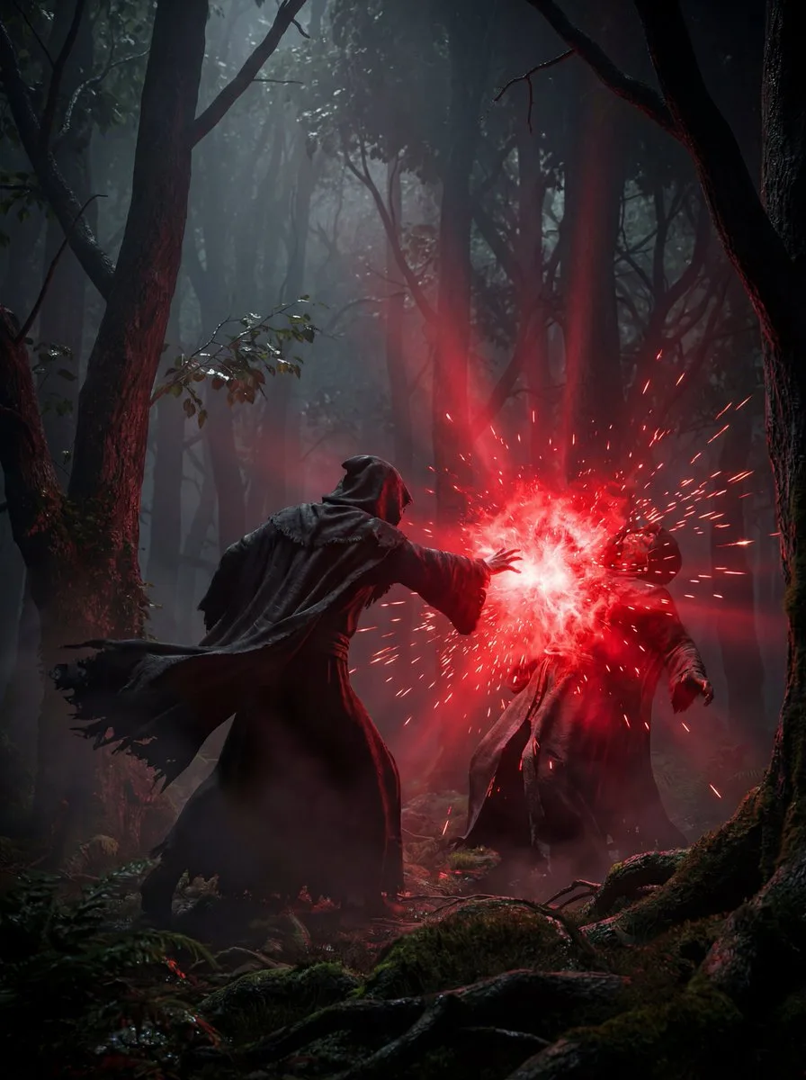 Dark forest red energy battle — Sonra