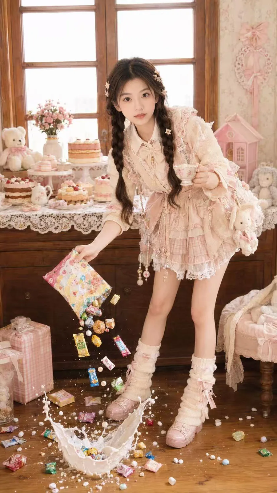 Dreamy pastel dessert room fashion portrait — After