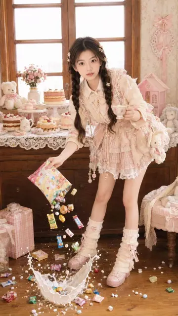 Dreamy pastel dessert room fashion portrait