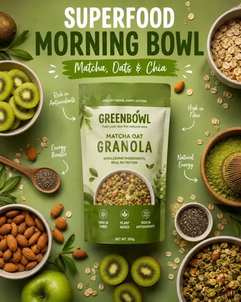 Ultra realistic healthy breakfast granola ad