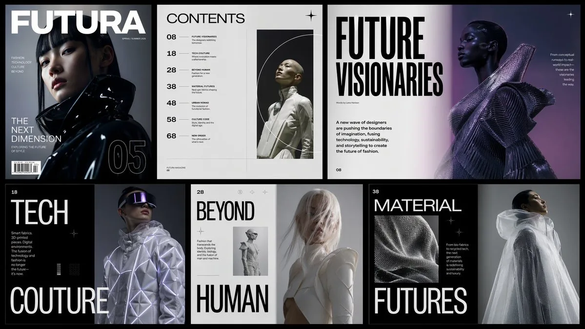 Futuristic fashion magazine spread — After
