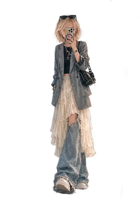 Stylish anime fashion girl mirror selfie streetwear