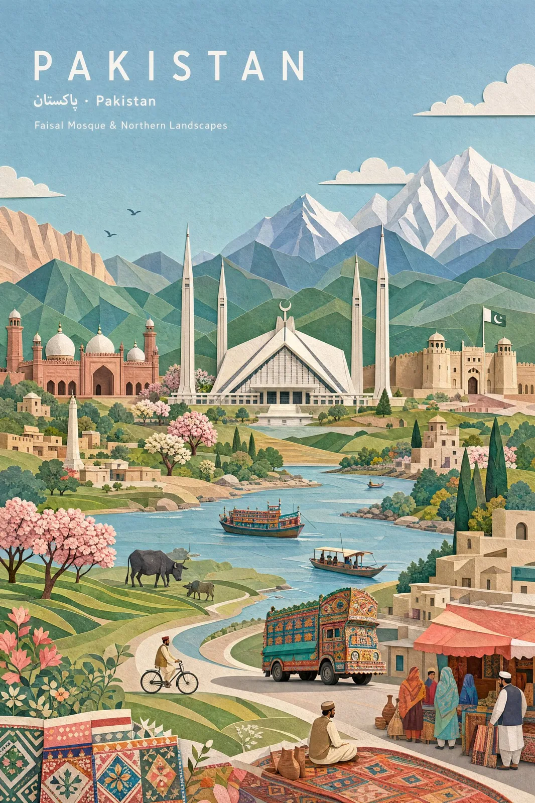 Pastel paper collage pakistan landscape prompt — Sonra