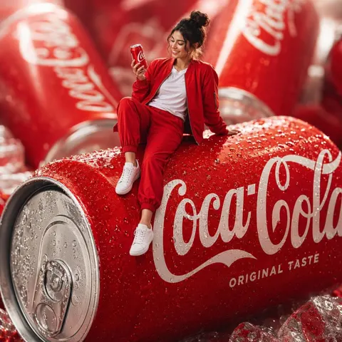 Stylish woman giant coca cola can commercial