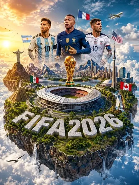 Fifa world cup 2026 surrealistic digital artwork floating island