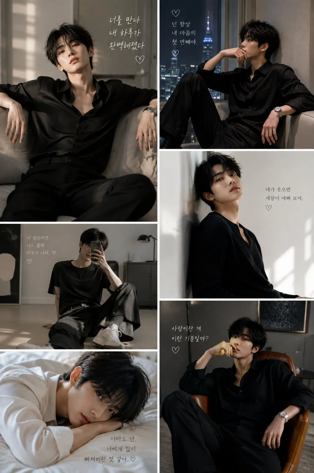 Cinematic korean fashion editorial 6 panel collage — Sonra
