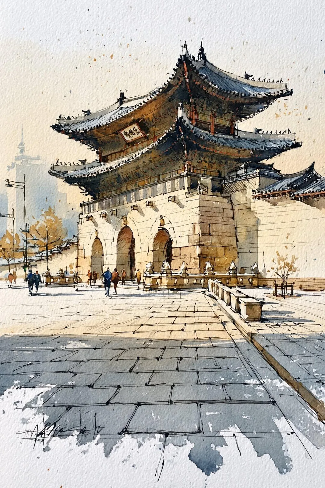 Traditional korean hanok village watercolor sketch — After