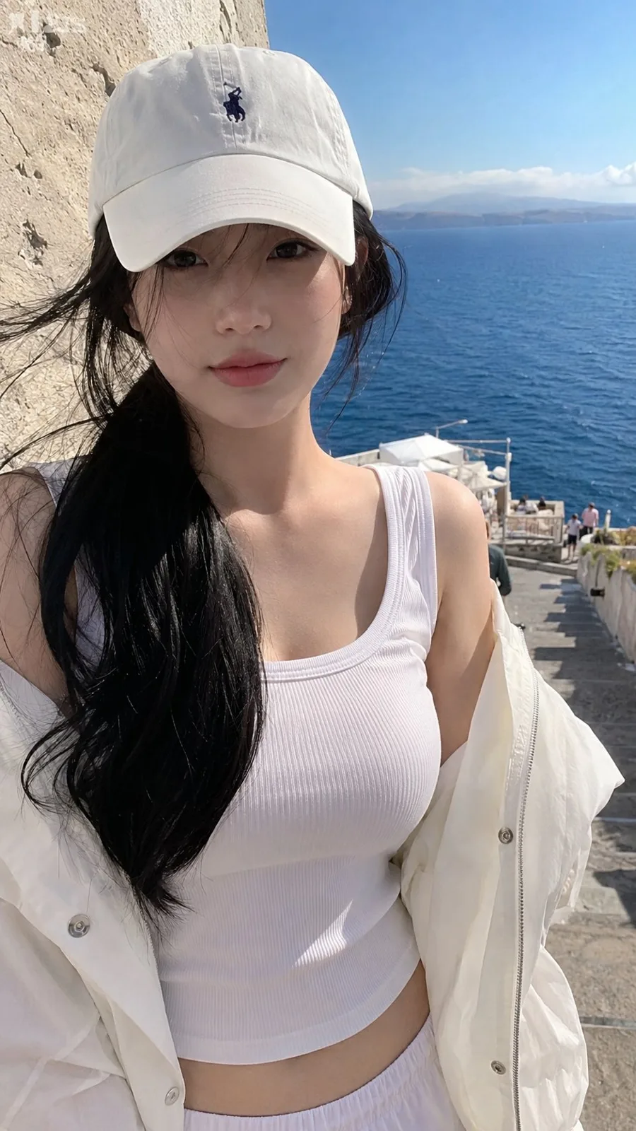 Young woman seaside smartphone snapshot portrait — After