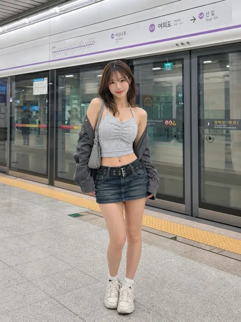 Korean woman subway station fashion outfit full body
