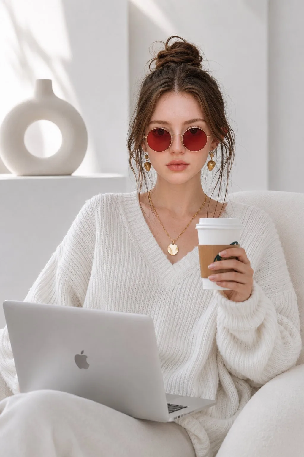Ultra realistic editorial fashion portrait woman white sweater — Sonra