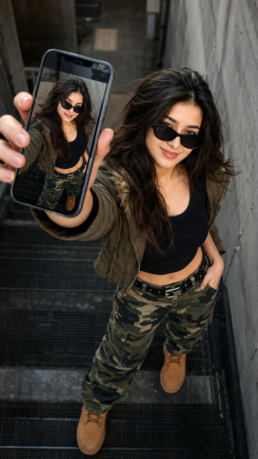 Cinematic urban selfie stairwell portrait — After