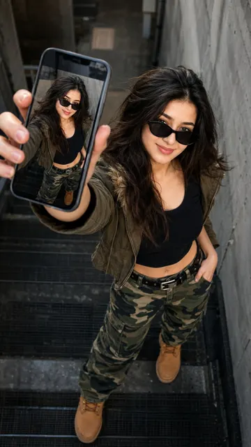 Cinematic urban selfie stairwell portrait