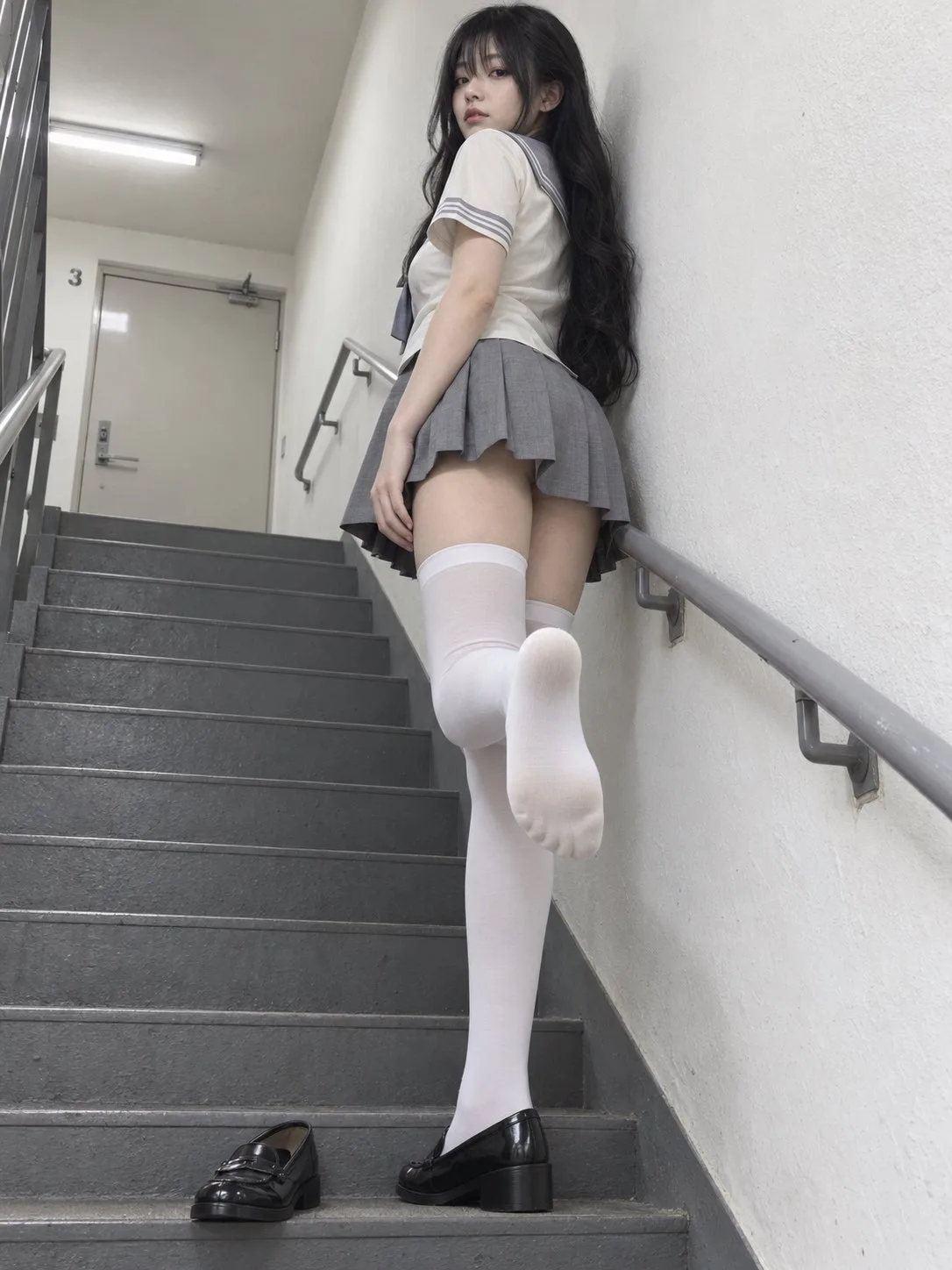 Hyper realistic stairwell low angle fashion snapshot — Sonra