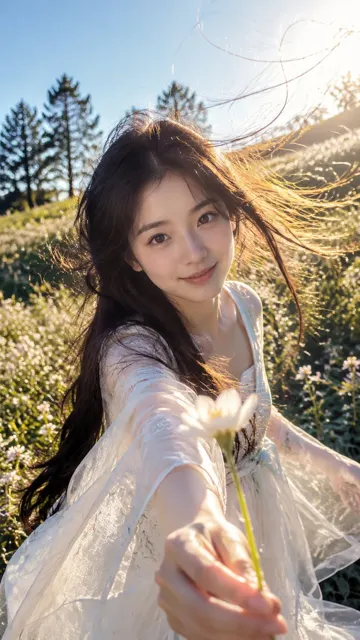 Pov sunlit flower girl realistic photography
