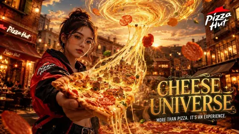 Hyper realistic pizza hut cheese universe ad