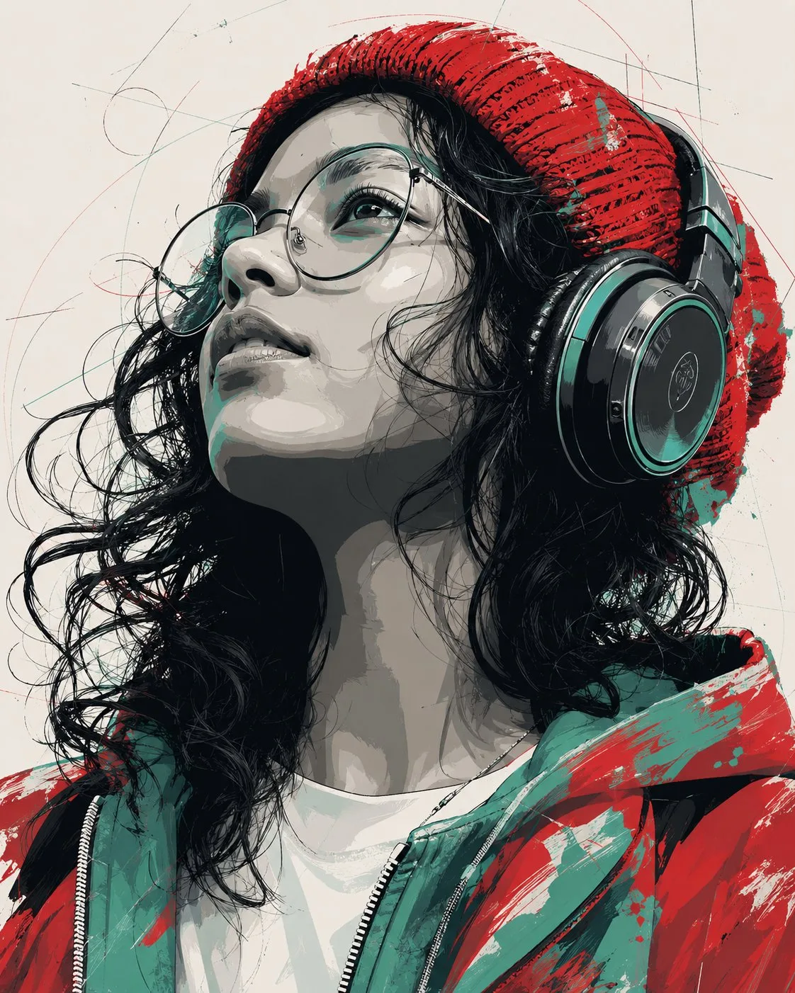Urban melancholic portrait red beanie headphones pop art — After