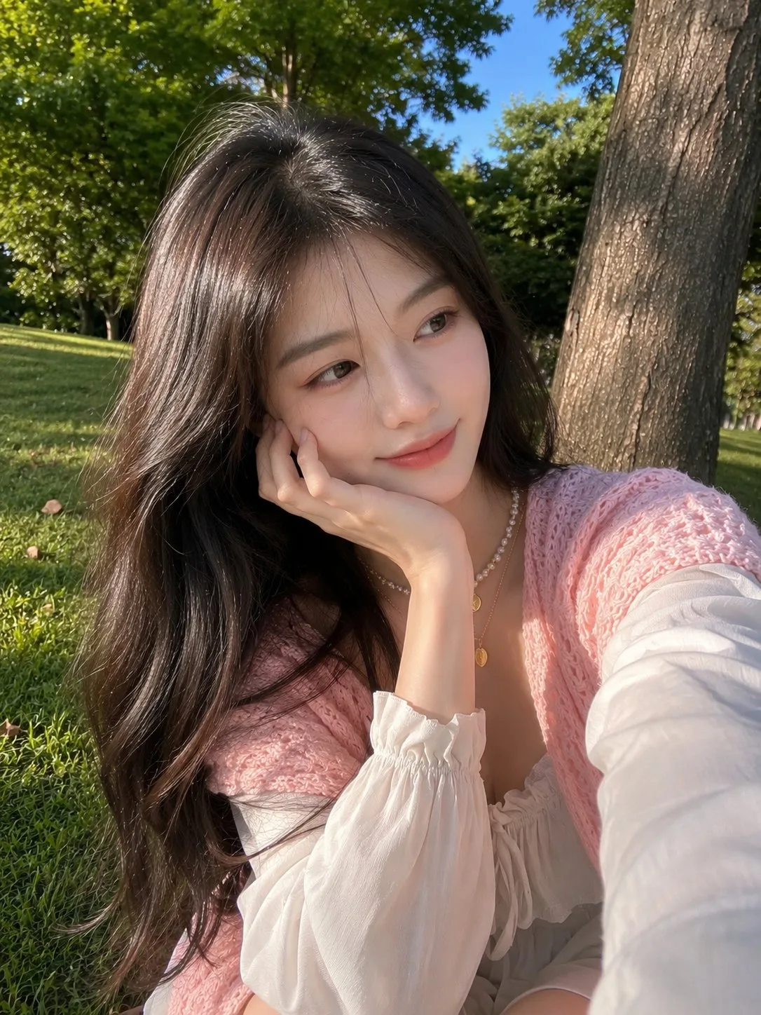 Ultra realistic east asian woman smartphone selfie park — After