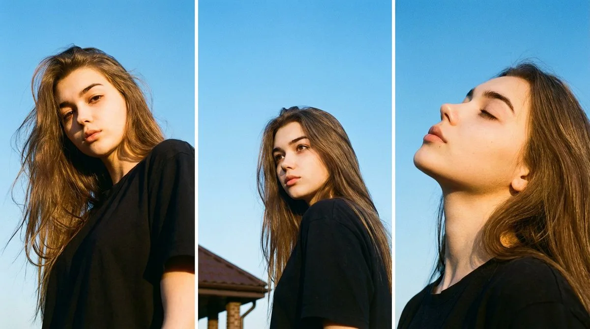 Vintage film triptych portrait under blue sky — Sonra