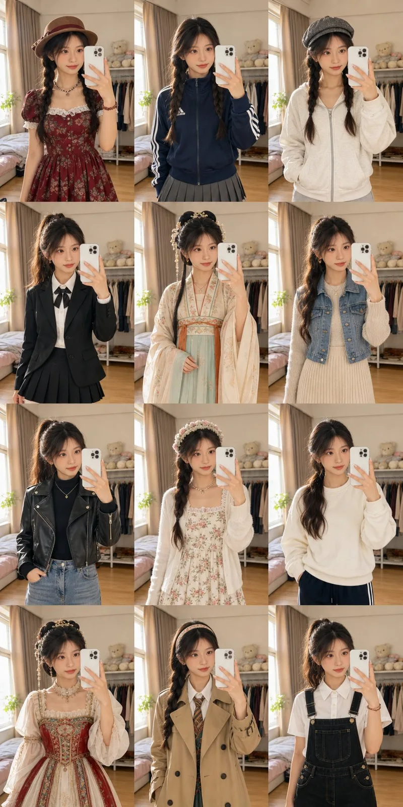 12 panel mirror selfie outfit collage — After