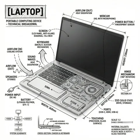Minimalist laptop explosion view