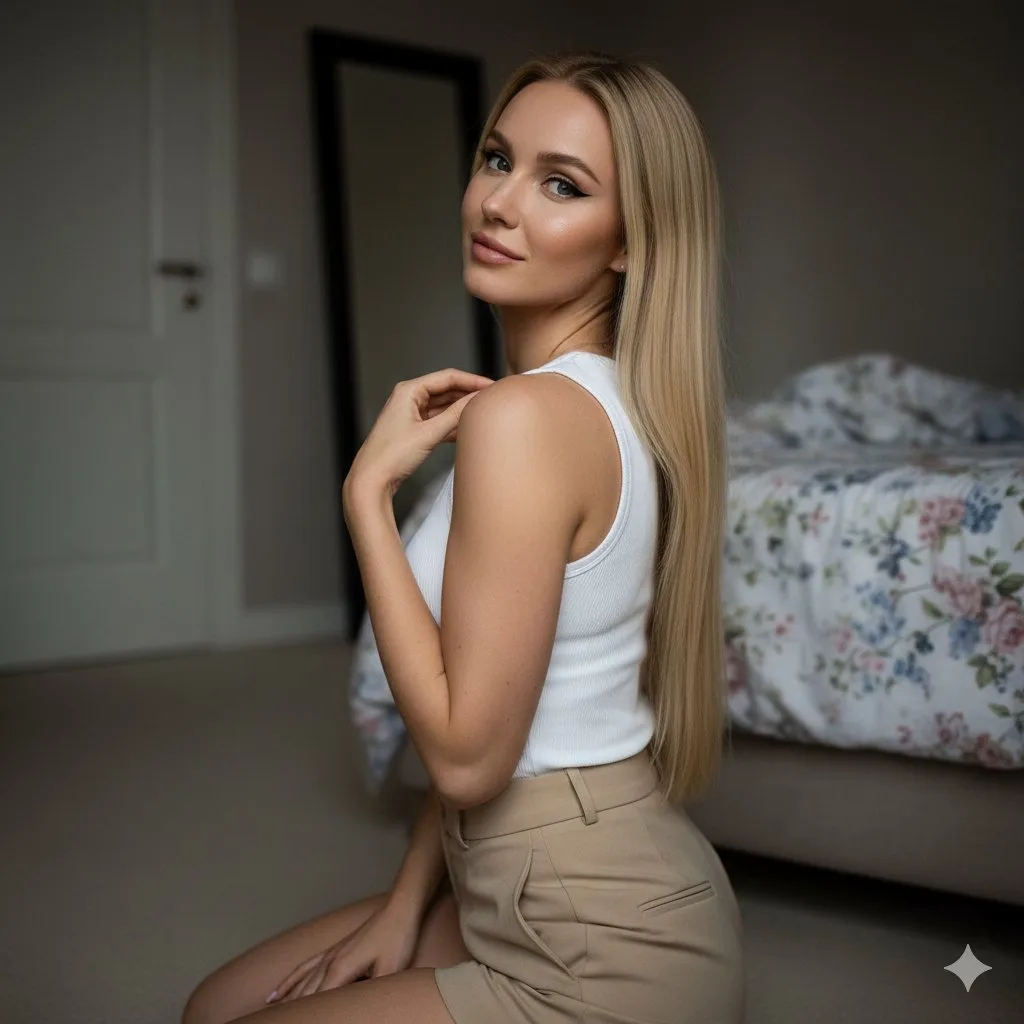 Dim bedroom blonde kneeling gentle moment — Sonra