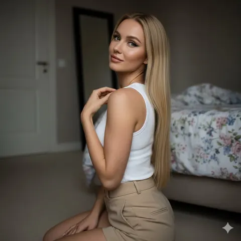 Dim bedroom blonde kneeling gentle moment