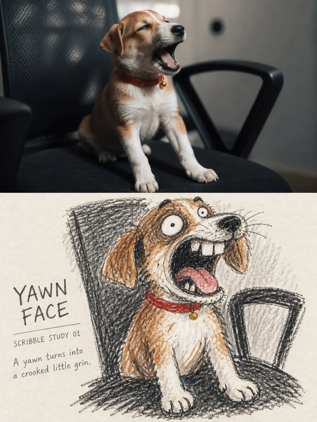 Photo to funny crayon scribble comparison poster — Sonra