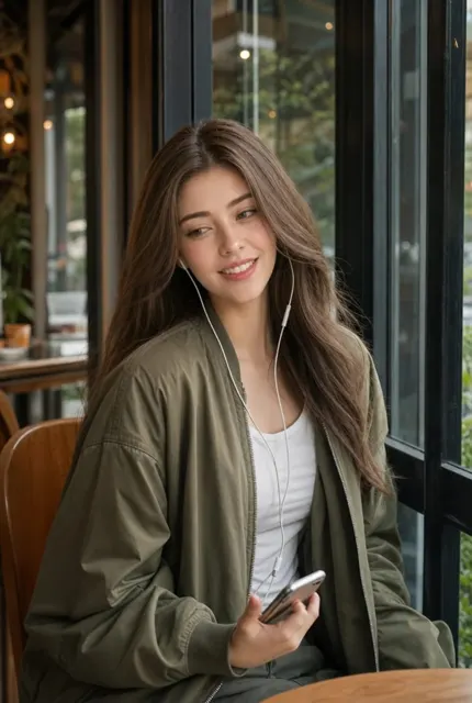 Ultra realistic asian woman cafe portrait