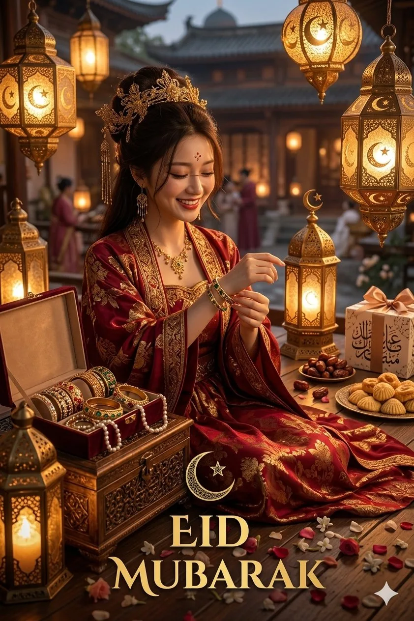 East asian woman eid celebration ornate silk gown — After
