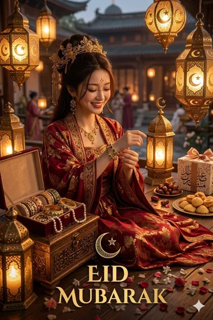 East asian woman eid celebration ornate silk gown