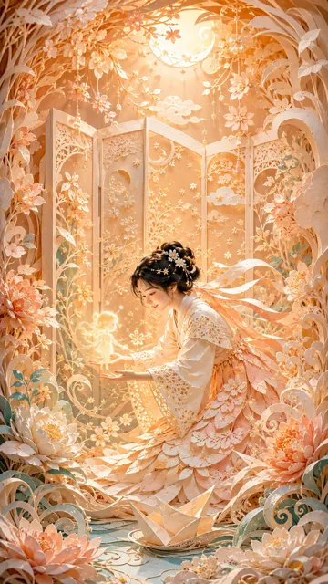 Modern oriental female dreamscape paper art