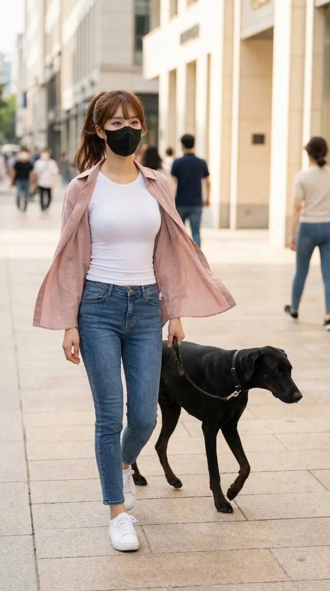 Korean girl walking black dog city street — Sonra