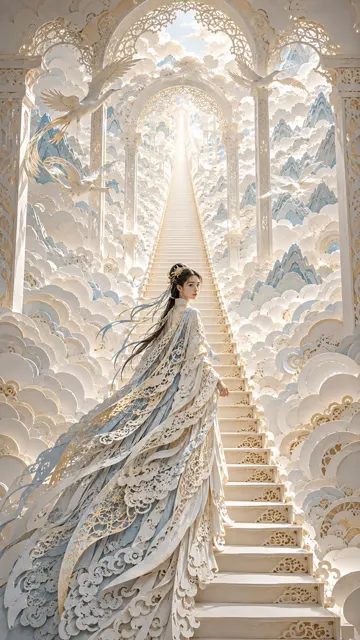 Oriental female dreamscape infinite stairs papercut