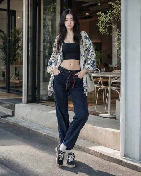 Relaxed yukata shirt indigo carpenter jeans outfit
