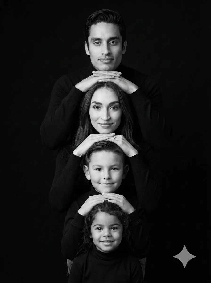 Black and white stacked family portrait — Sonra