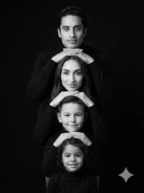 Black and white stacked family portrait