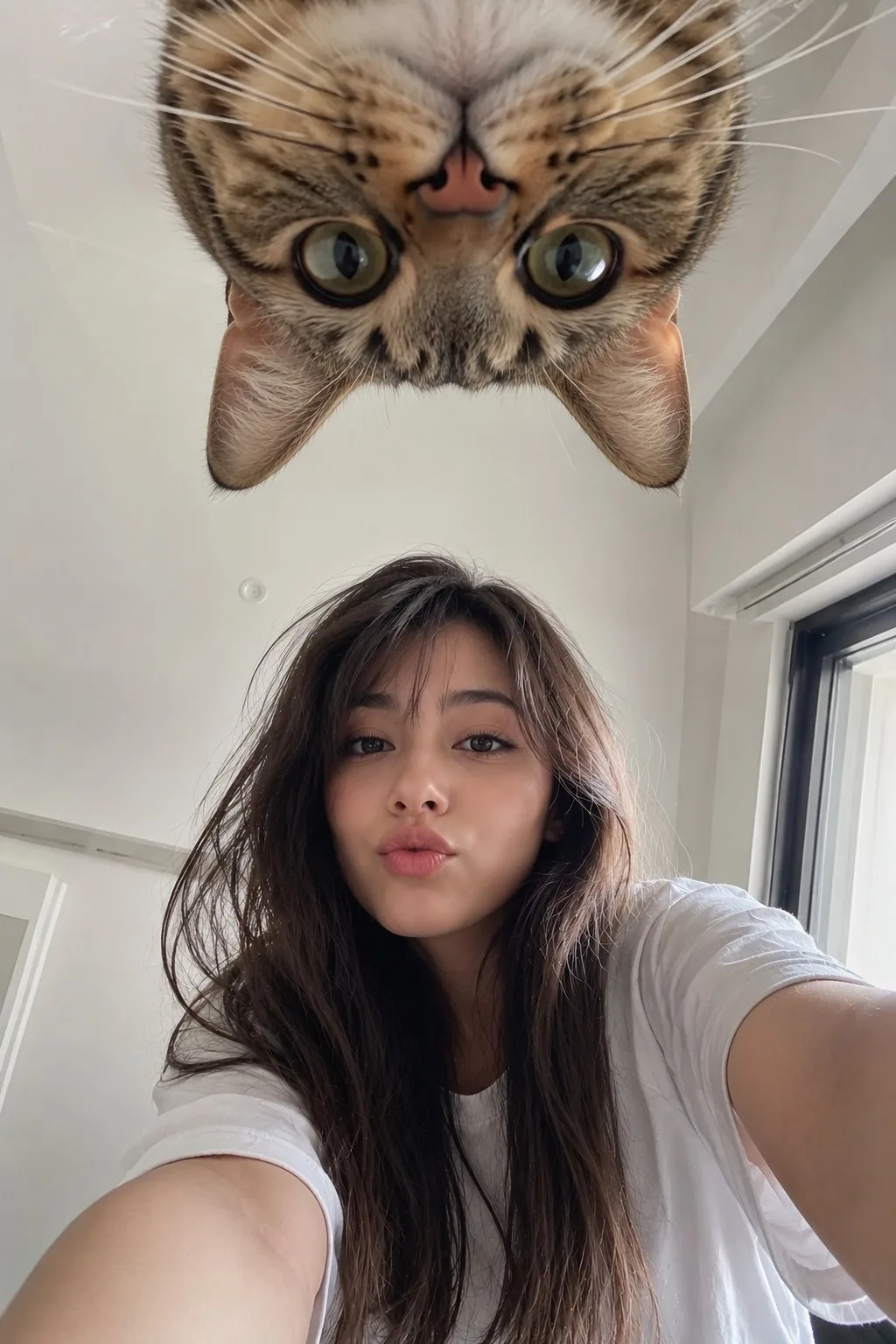Japanese girl upside down cat low angle selfie — Sonra