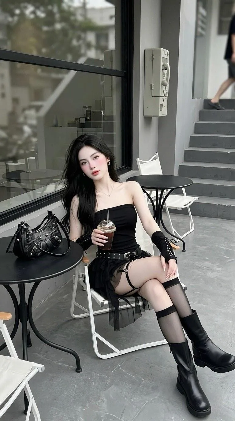 Young woman minimalist cafe black dress — After