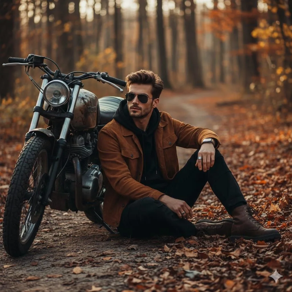 Golden forest motorcycle portrait — Sonra